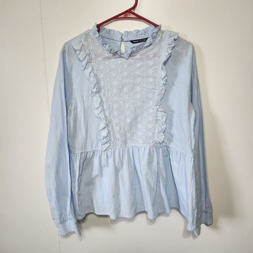 Blue Eyelet Lace Ruffle Blouse Cottagecore Long Sleeve Top L